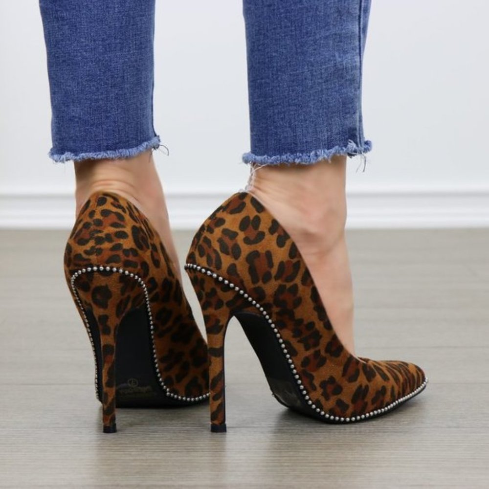 Leopard Vegan Suede High Heel Pumps With Studs - Picture 4 of 6